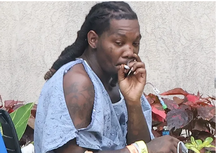 Offset Seen Smoking Outside Hospital in Gown After Surviving Shooting